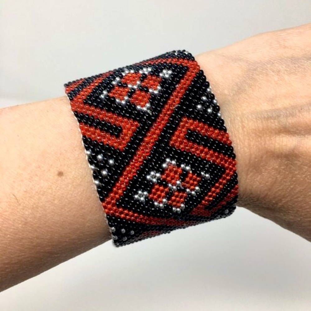 Southwestern Apache Inspired Red Black Silver Peyote Seed Bead Cuff Bracelet